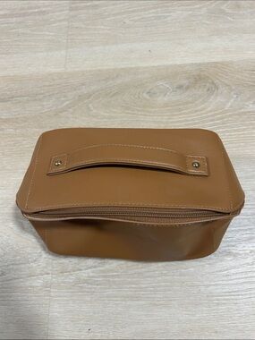 Structured Tan Faux-Leather Travel Cosmetic Pouch with Top Handle